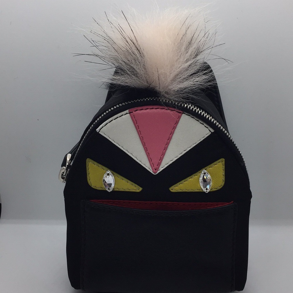 Black leather Fendi mini backpack bag charm